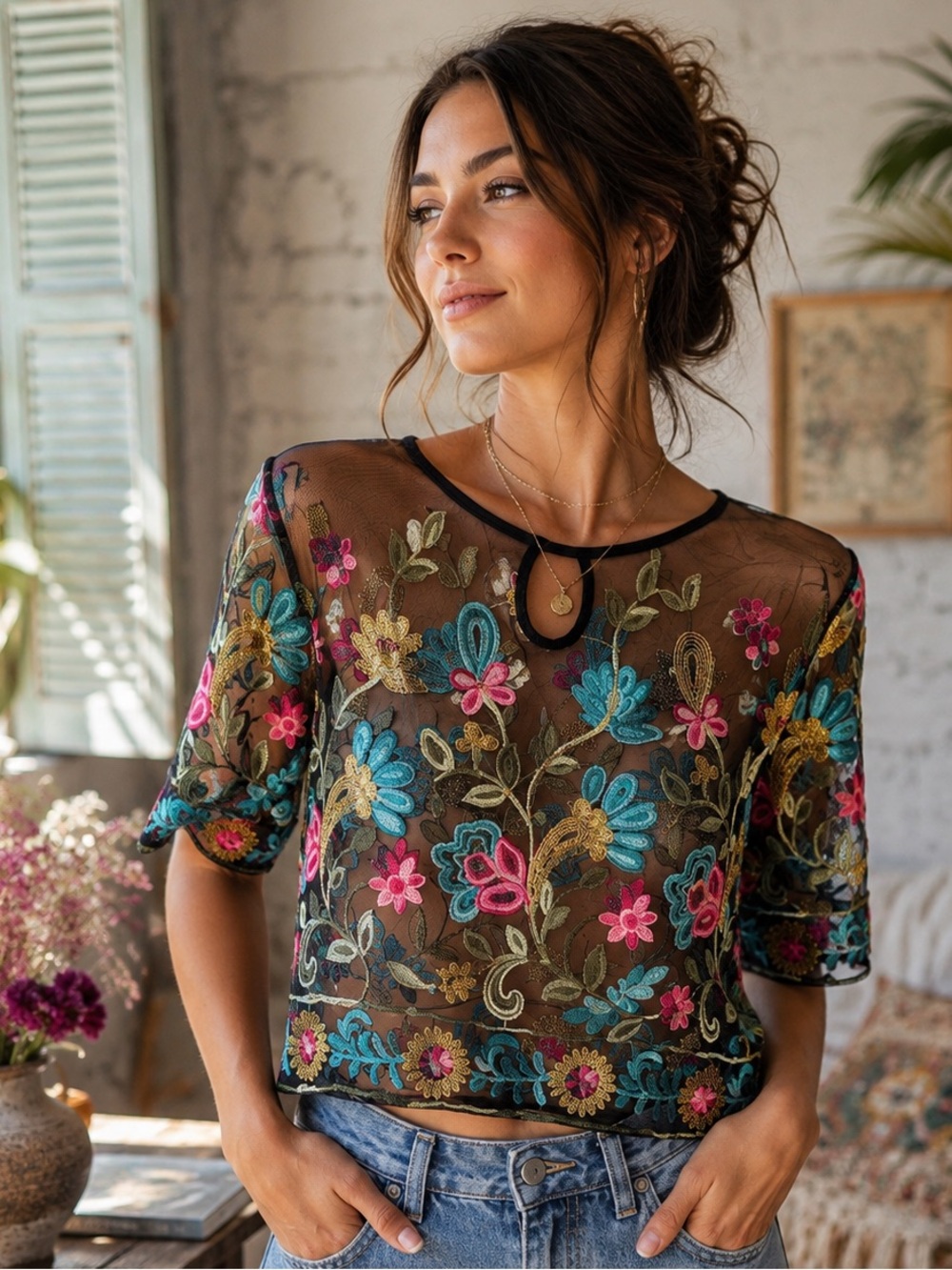 Rebellion Again Black Sheer Mesh Floral Embroidered Crop Top Boho M